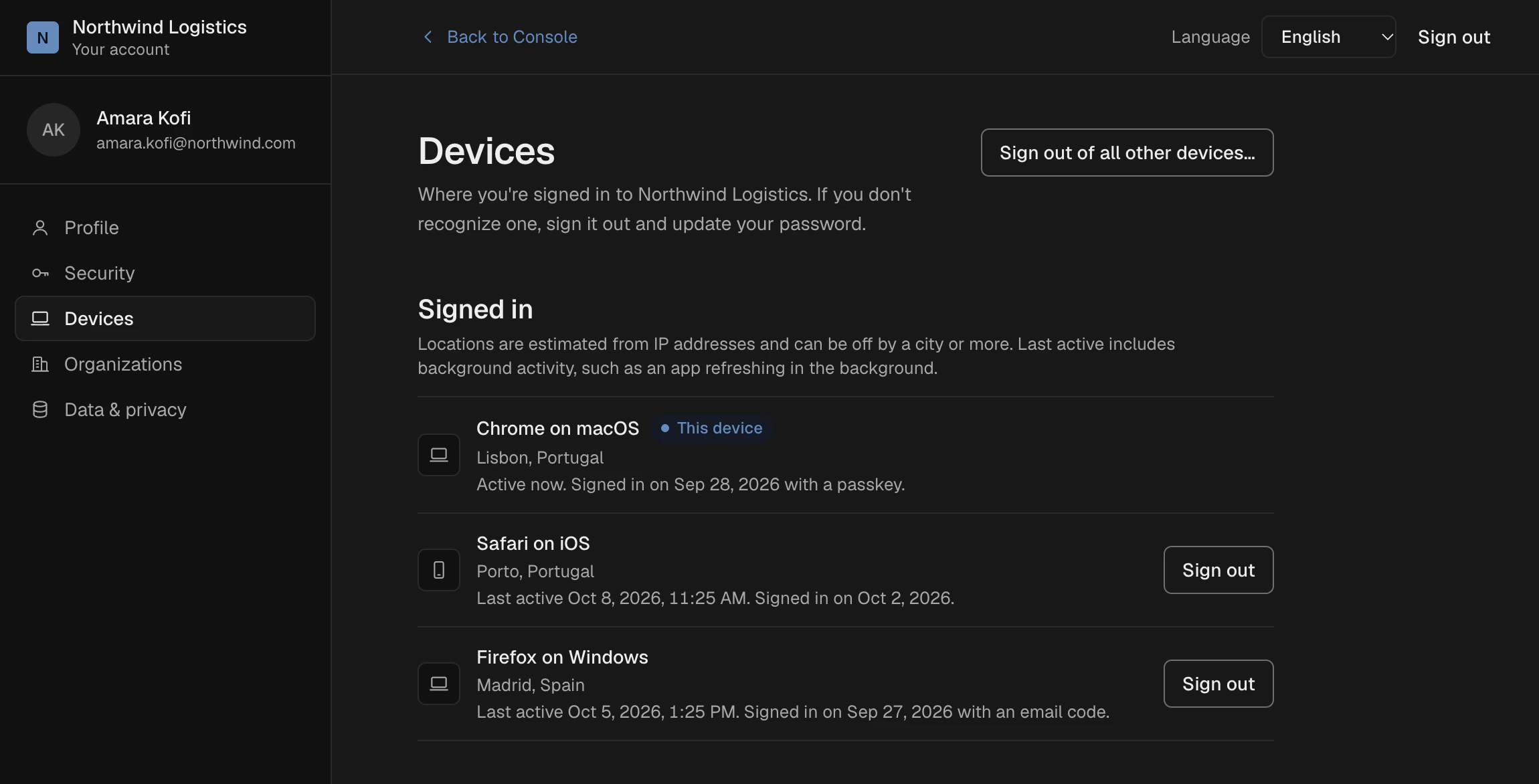 Account devices page where a user sees and signs out their sessions