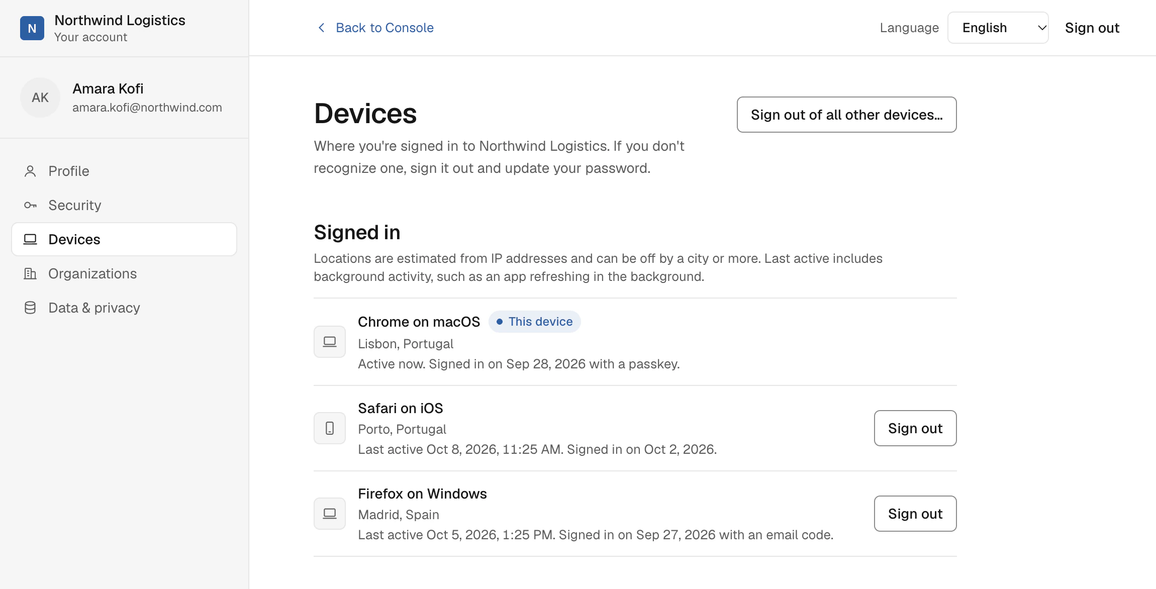 Account devices page where a user sees and signs out their sessions