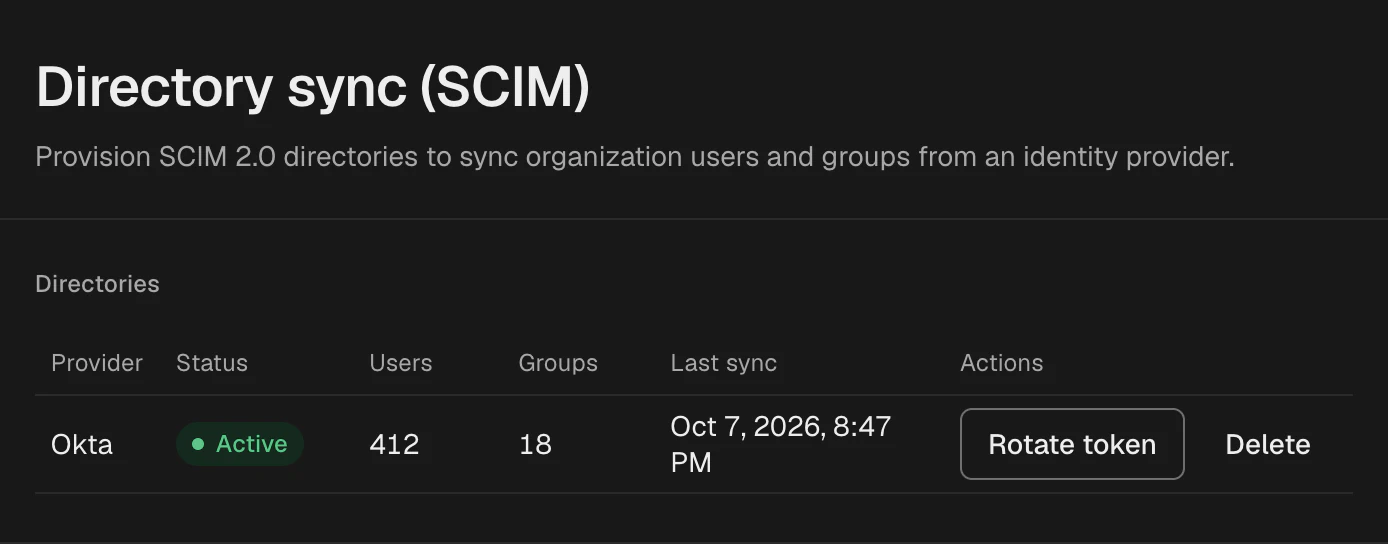 Directory sync in the XID console with an active Okta SCIM directory, its user and group counts and last sync