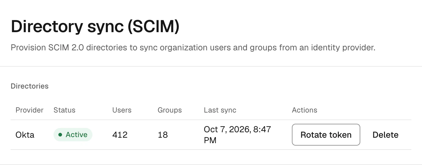 Directory sync in the XID console with an active Okta SCIM directory, its user and group counts and last sync
