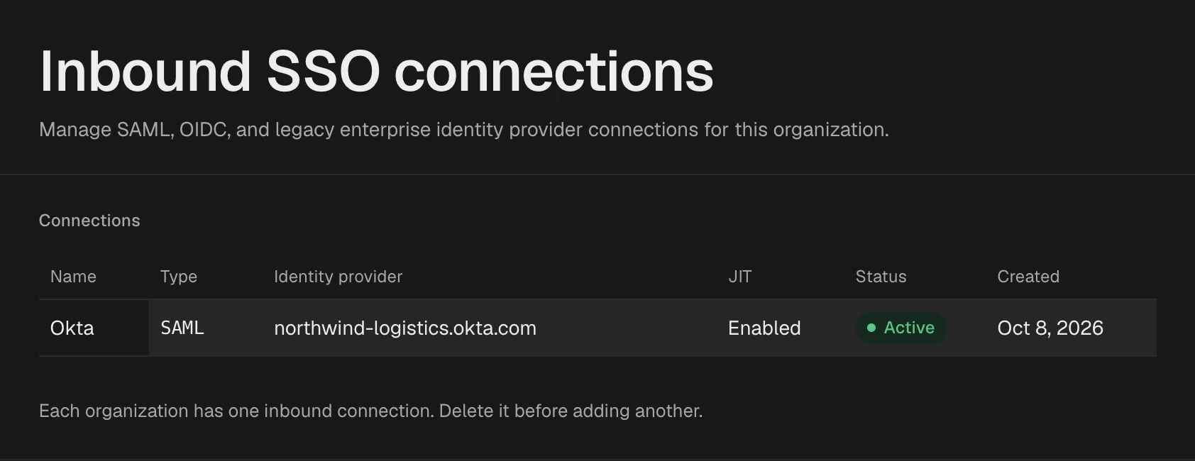 Inbound SSO connections in the XID console with an active Okta SAML connection