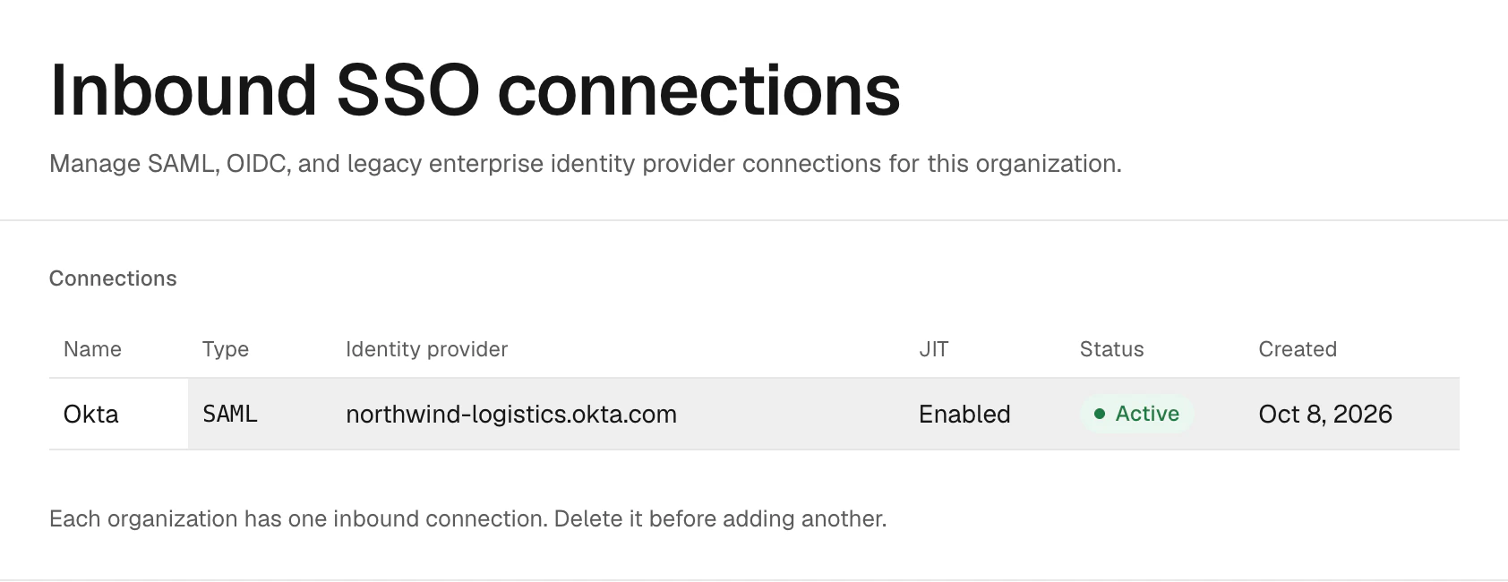 Inbound SSO connections in the XID console with an active Okta SAML connection