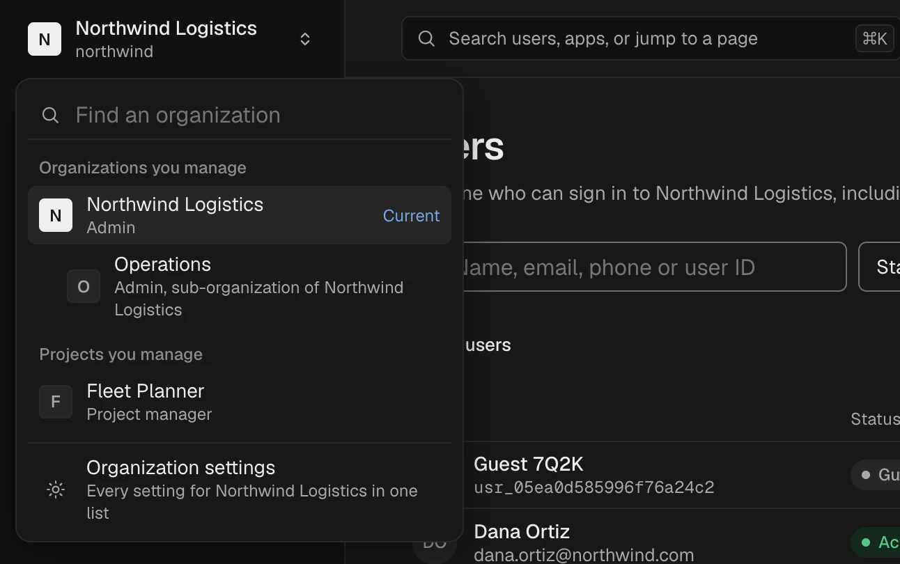 Organization switcher in the XID console listing the organizations and projects the admin manages