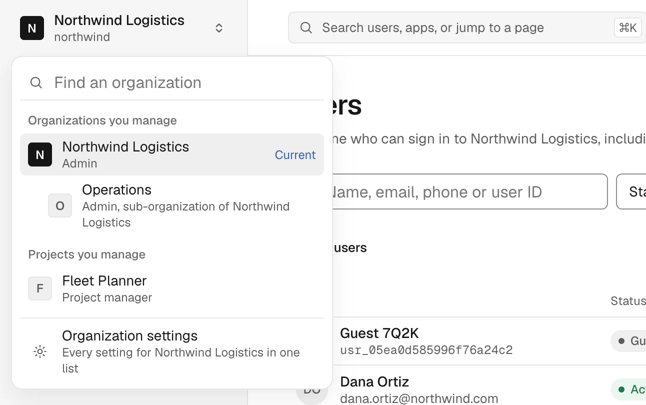 Organization switcher in the XID console listing the organizations and projects the admin manages