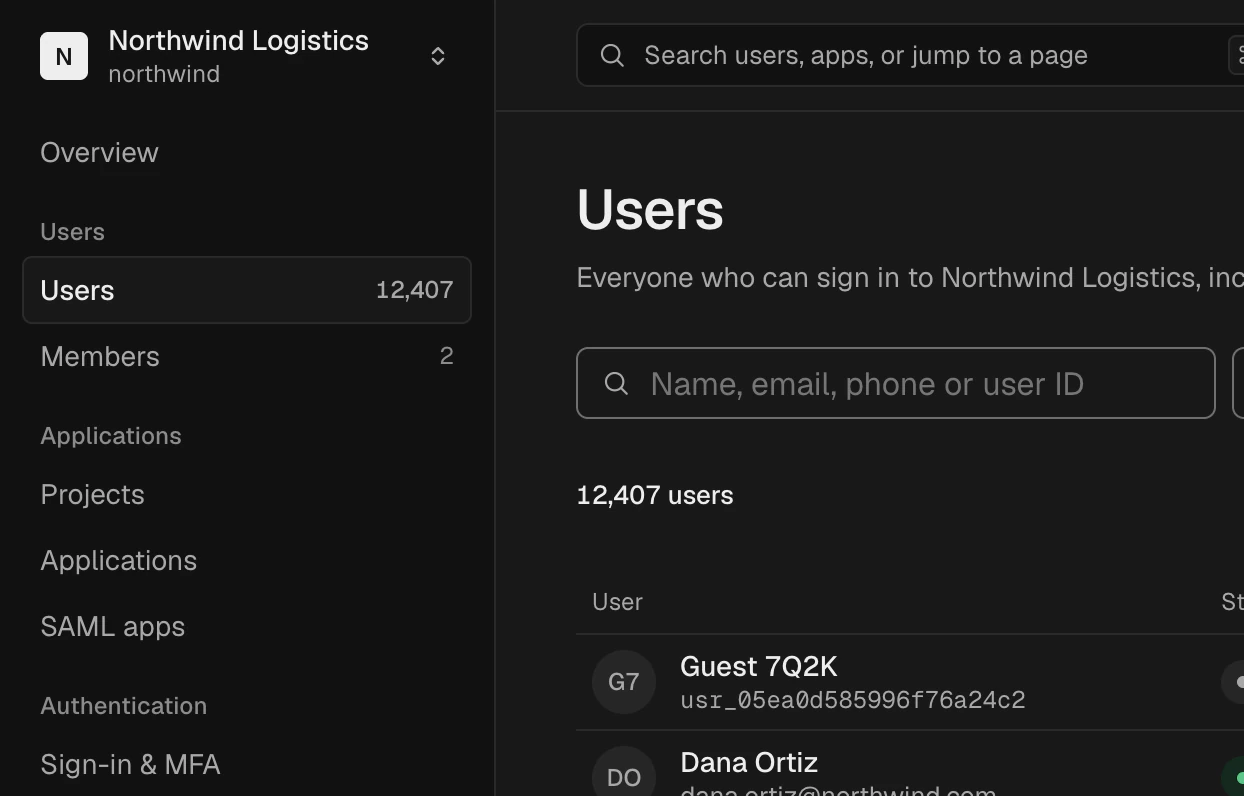XID console users list for Northwind Logistics, with sign-in methods and organizations per user