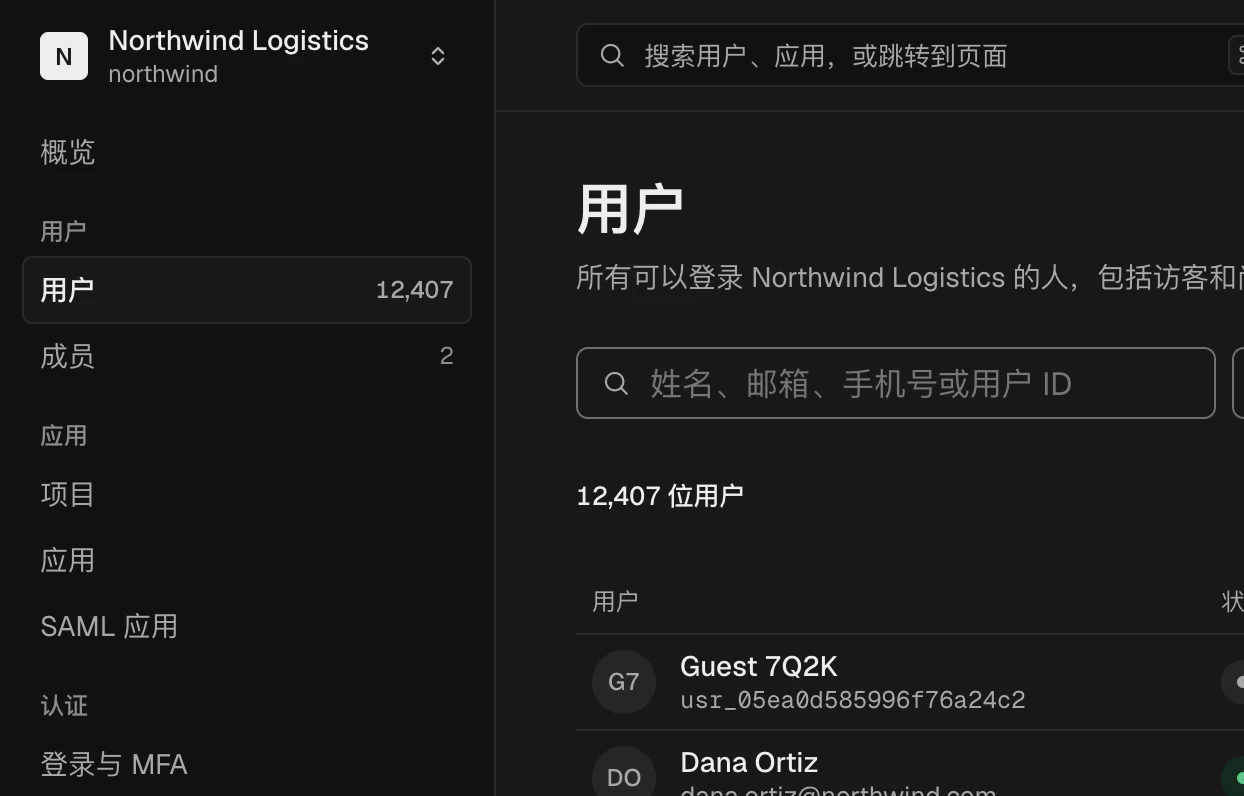 Northwind Logistics 的 XID 控制台用户列表,显示每个用户的登录方式和所属组织