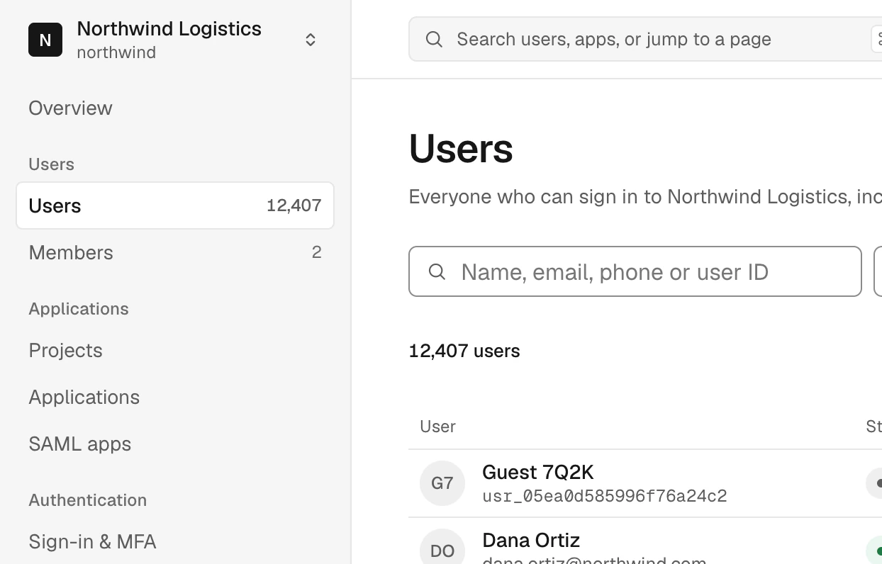 XID console users list for Northwind Logistics, with sign-in methods and organizations per user