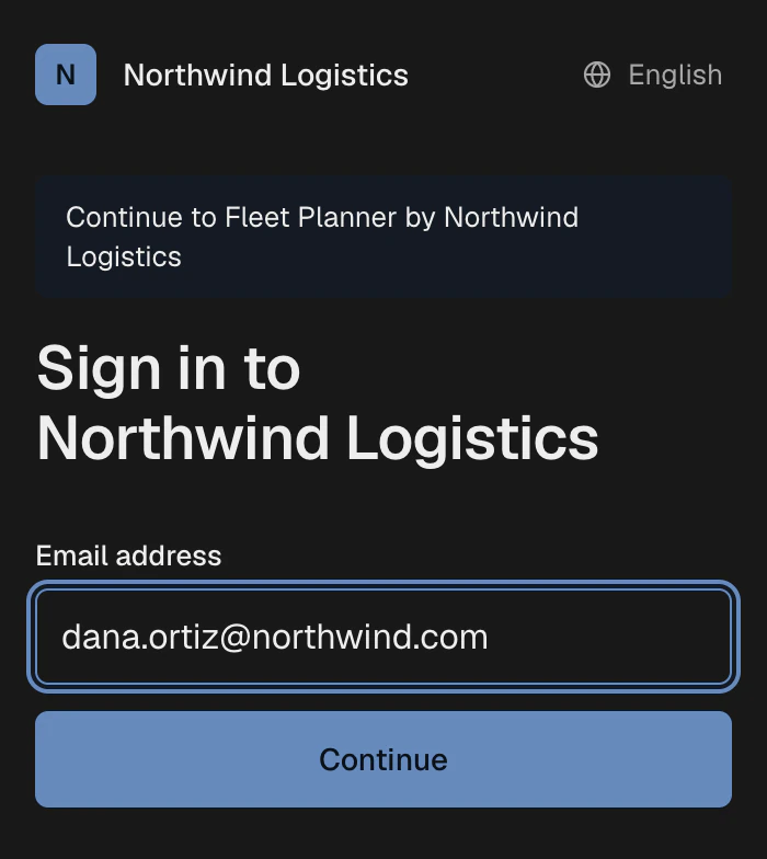 Hosted sign-in page for Northwind Logistics, continuing to the Fleet Planner app