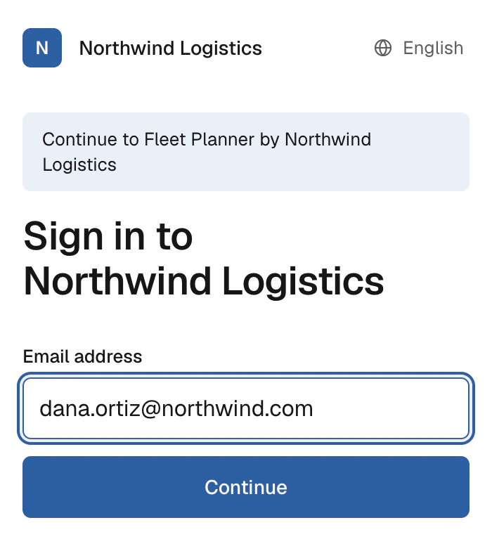 Hosted sign-in page for Northwind Logistics, continuing to the Fleet Planner app